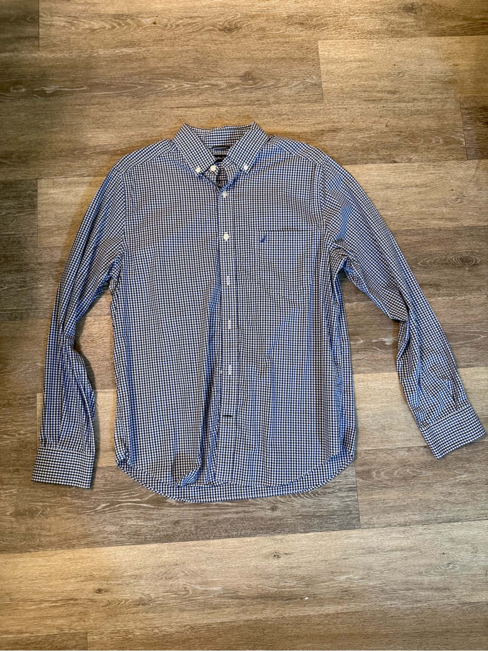 Nautica Blue and White Gingham Button-Up Dress Shirt